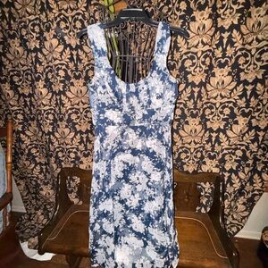 Connected Apparel Blue and White Floral Midi Dress